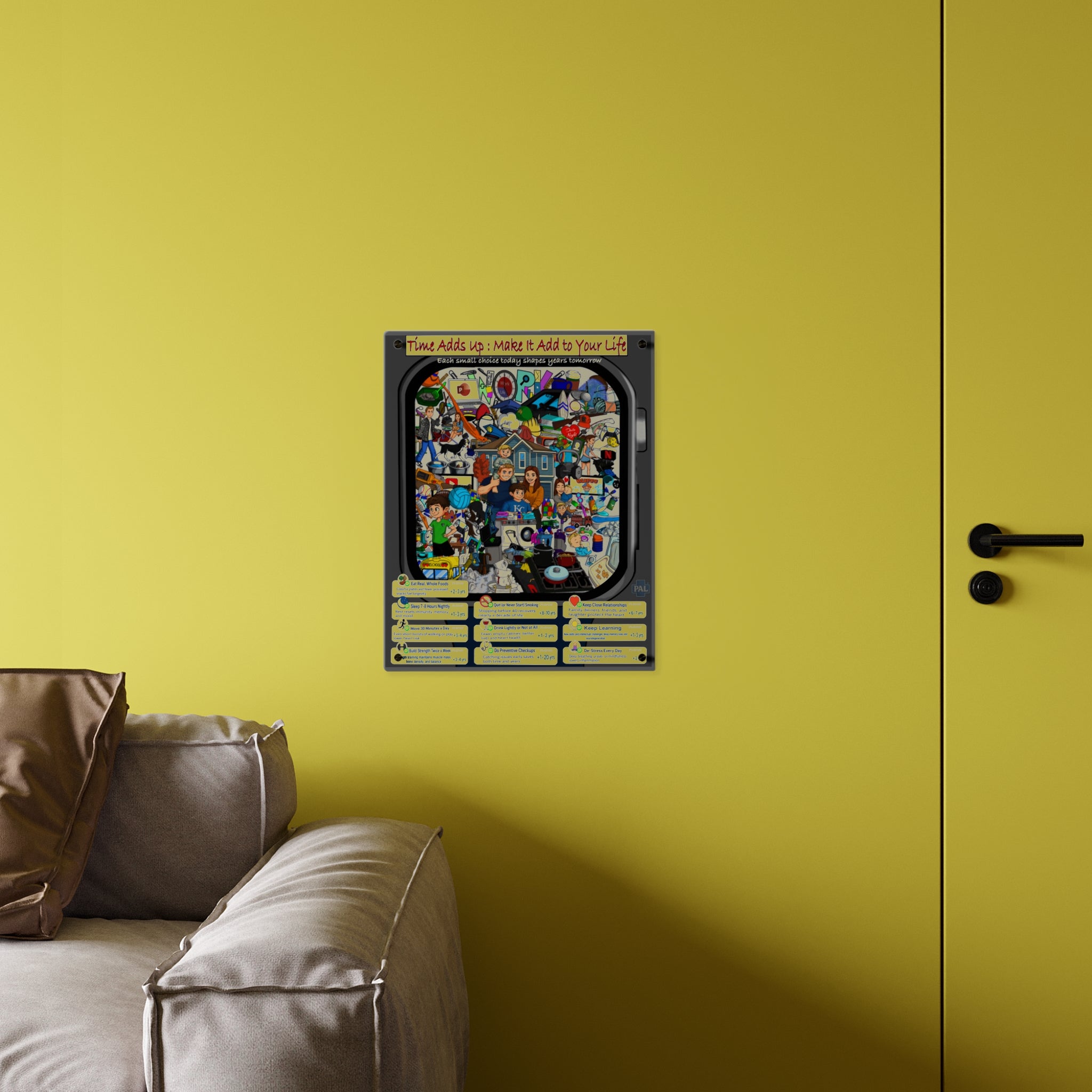 Time Adds Up Collage Acrylic Wall Art Panel for Patient Education in Clinics and Hospitals